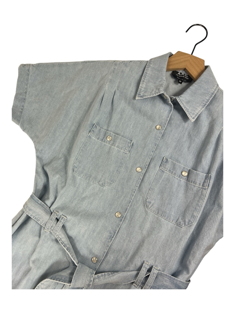 A.P.C. Sz 34 - US 0/2 Suzanne Mini Dress Denim Pearl Snaps Waist Tie